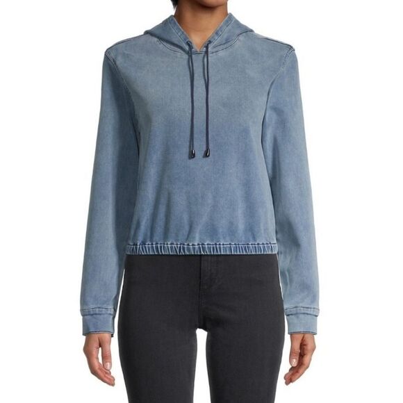 Frame Stretch-Cotton Cropped Hoodie Denim Long Sleeve - Picture 1 of 16